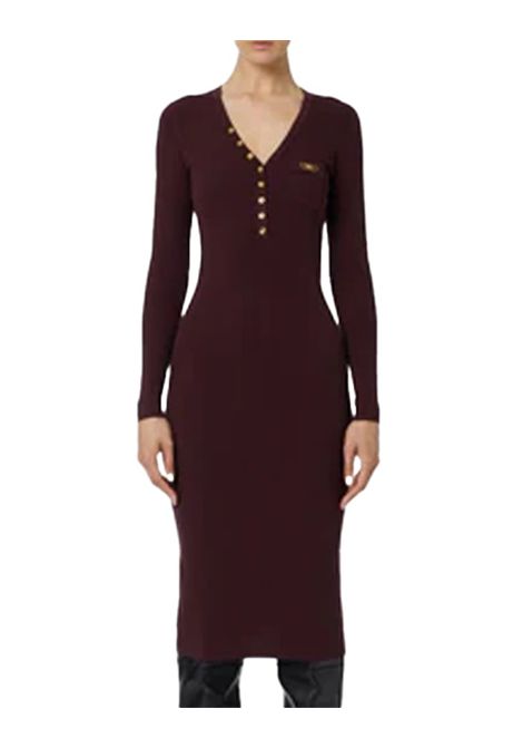 Abito ELISABETTA FRANCHI donna AM10B56 Bordeaux tubino slim aderente scollo a v bottoni gonna longuette lavorazione a costine ELISABETTA FRANCHI | Abiti | AM10B56EA4